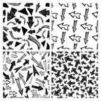 Seamless pattern with black hand drawn arrows. Set of four creative abstract backgrounds. Vector illustration