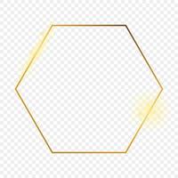 Gold glowing hexagon frame isolated on background. Shiny frame with glowing effects. Vector illustration.