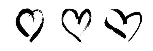 Hand drawn brush hearts. Set of three grunge black doodle hearts on white background. Romantic love symbol. Vector illustration.