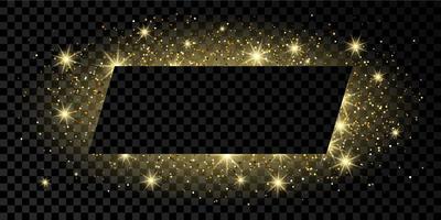 Golden rectangle frame with glitter, sparkles and flares on dark transparent background. Empty luxury backdrop. Vector illustration.