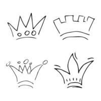 Hand drawn crowns. Set of four simple graffiti sketch queen or king crowns. Royal imperial coronation and monarch symbols vector