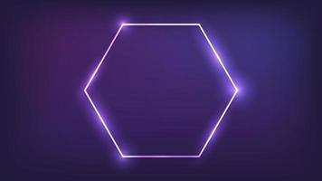 Neon hexagon frame with shining effects on dark background. Empty glowing techno backdrop. Vector illustration.