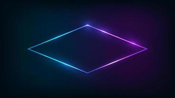 Neon rhomb frame with shining effects on dark background. Empty glowing techno backdrop. Vector illustration.