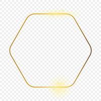 Gold glowing rounded hexagon frame isolated on transparent background. Shiny frame with glowing effects. Vector illustration.