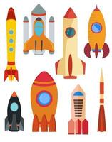 Set of vector space rocket ship. Eight rocket isolated on white background. Vector illustration.