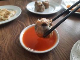 dimsum served warm on a white plate with sauce. photo