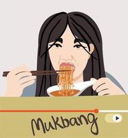 Vector isolated illustration with a girl eating enoki mushrooms with chopsticks. Mukbang concept. Food blogger.