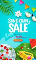 Songkran sale water festival thailand, rose petals in bowl on banana leaf, water gun and watermelon poster flyer on blue background, Eps 10 vector illustration