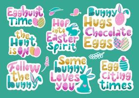 Colourful Easter lettering set. Bunny hugs, egg hunt time, follow the bunny, eggciting times. Handdrawn vector design with Easter elements.