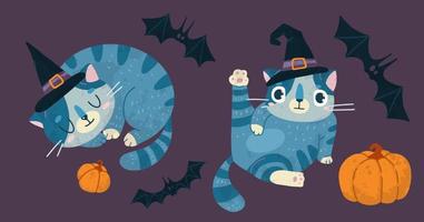 Helloween vector stock illustration with cute cat in a witch hat, bats and pumpkin