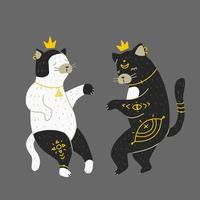 Dancing Cats isolated on background. Couple at the party, mystical mood. vector