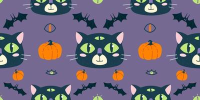 Seamless pattern with cute funny cat face. Helloween theme,  bats and pumpkin. vector