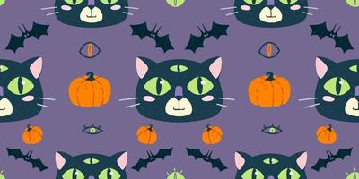 Seamless pattern with cute funny cat face. Helloween theme,  bats and pumpkin. vector