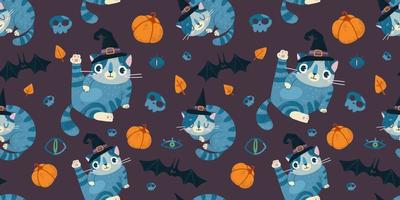 Helloween vector seamless pattern with cute cat in a witch hat, bats and pumpkin.