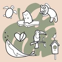 Hand drawn vector illustration of a set of ecology concepts, designs, and icons in doodle style with animals.