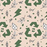 Hand drawn vector seamless pattern of ecology concepts, designs, and icons in doodle style.