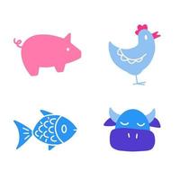 cerdo, carne de res, pollo, pescado señales. tipos de carne. saludablemente comida concepto icono. vector