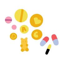 tomar un vitamina. tabletas, cápsulas, masticable vitaminas, pegajoso osos, pastillas plano dibujos animados vector ilustración, mano dibujado, aislado en blanco.