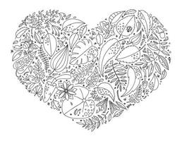 Coloring book, heart shaped leaves and flowers, hand drawn, doodle style. vector