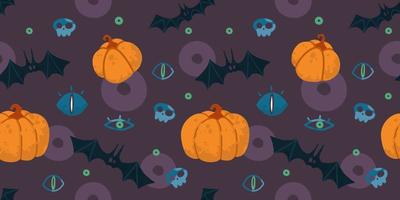 Helloween vector seamless pattern with halloween stuff, bats, pumpkins, skull, eyes.