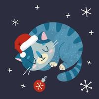 Christmas and New Year holiday vector stock illustration with cute cat and snow.