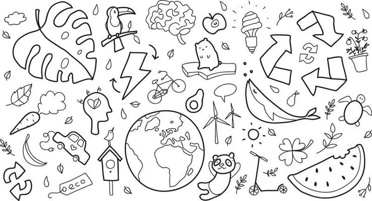 Hand drawn vector illustration of a set of ecology concepts, designs, and icons in doodle style.