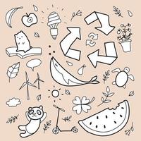 Hand drawn vector illustration of a set of ecology concepts, designs, and icons in doodle style.