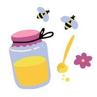 Honey in a jar and bees isolated on white background. Flat cartoon vector illustrationstyle.