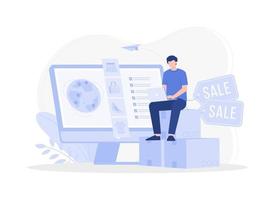 A man sells goods in an online shop, online shopping. Modern vector flat illustration