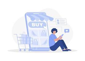 A woman buys things in an online store, online shopping. Modern vector flat illustration