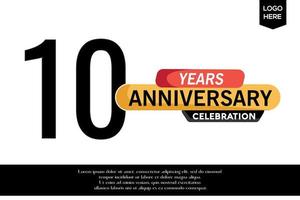 10 aniversario celebracion logotipo negro amarillo de colores con texto en gris color aislado en blanco antecedentes vector modelo diseño