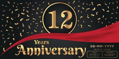 12th years anniversary celebration logo on dark background with golden numbers and golden abstract confetti vector design
