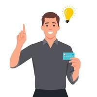 Young man thinking and got an idea for using a credit card. Pointing his finger up with light bulb of idea appears vector