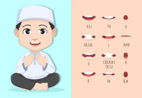 Muslim boy character praying with lip sync collection for animation. man mouth animation Phoneme mouth chart. Alphabet pronunciation. Vector illustration.