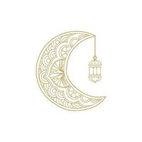 Ramadan Kareem, Eid Mubarak Greeting Line icon minimal and simple vector design with beautiful Glowing Lantern and elegant crescent moon star for background and Banner