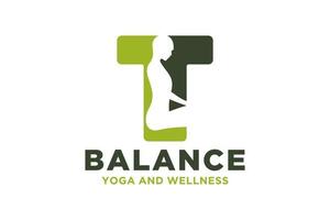 Vector T initial logo with yoga design concept.