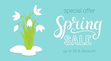 Vector illustration. Spring sale - designer hand lettering. Special offer discounts up to 50 percent. The inscription on a blue background with snowdrops. Gift card.