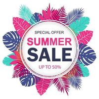 Summer sale banner design for promotion with tropical leaves. Vector illustration