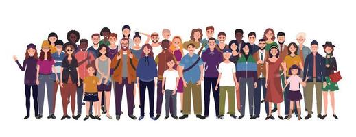 Multinational group of people isolated on white background. Children, adults and teenagers stand together. Vector illustration