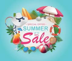 Summer sale banner design for promotion with palm leaves and colorful beach elements vector illustration