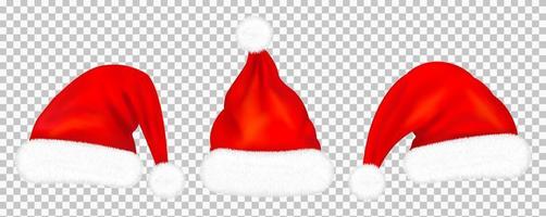 Set of red santa claus hats with fur isolated on white background. Vector illustration