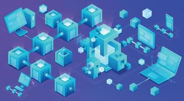 Blockchain technology isometric concept banner vector illustration.