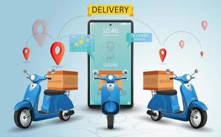 Online delivery service by scooter. Shopping website on a mobile. Food order concept. Web Banner, app template. Vector illustration