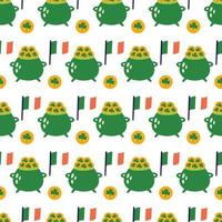 Saint Patrick's Day vector seamless pattern with ireland pot of leprechaun coins