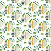 Saint Patrick's Day vector seamless pattern with  cute leprechaun harp