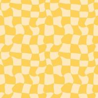 Groovy distorted positive chessboard seamless pattern. Trippy twisted grid background. Yellow monochrome textile fabric design. 1970 vintage vibe. Vector illustration