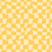 Groovy distorted positive chessboard seamless pattern. Trippy twisted grid background. Yellow monochrome textile fabric design. 1970 vintage vibe. Vector illustration