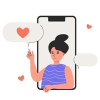 Cute woman show speech bubble with heart from phone screen. Customer positive feedback or love chatting on dialog application. Review rating advertising communication concept. Vector illustration.