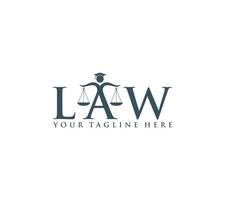 Law text or wordmark logo with scale icon and judge on white background vector illustration.