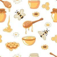 Seamless pattern with honey dripping from a wooden honey dipper, bees, jars, flowers and honeycombs vector